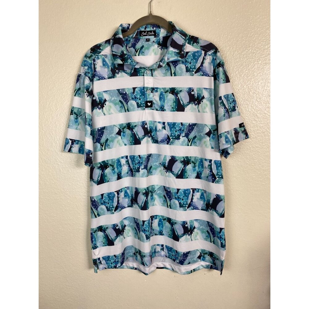 Bad Birdie Polo Shirt Mens Medium Short Sleeve Performance Abstract Blue White‎